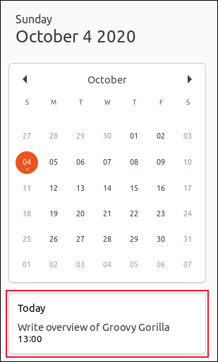Una notificación de calendario para el 4 de octubre de 2020 en Ubuntu 20.10.