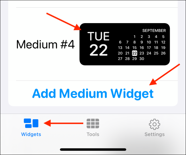 Toque "Widgets", toque el tamaño que desea agregar y luego seleccione una imagen.
