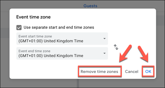 Haga clic en "Eliminar zonas horarias" para eliminar las zonas horarias de un evento de Google Calendar, o "Aceptar" para guardarlas.