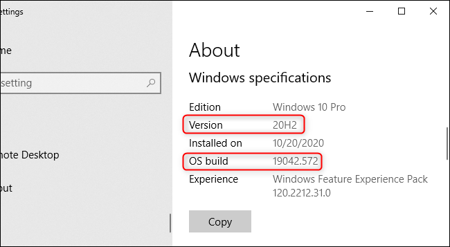 El número de versión de Windows en la aplicación Configuración