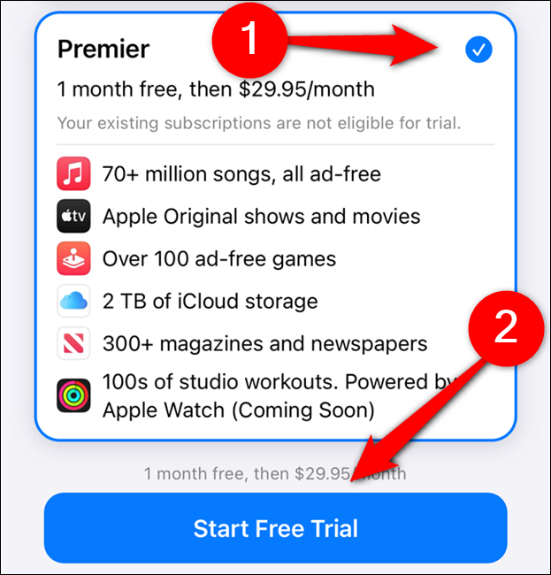 Elija un plan Apple One y luego seleccione "Iniciar prueba gratuita"