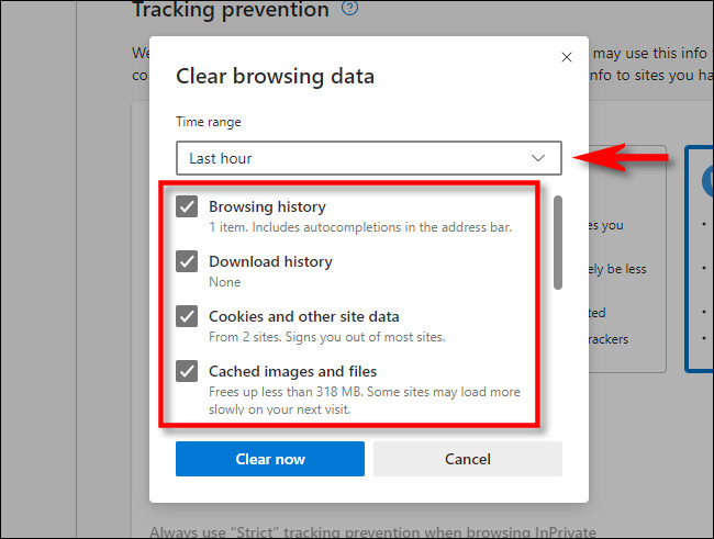 En la ventana "Borrar datos de navegación" de Microsoft Edge, seleccione qué aspectos de su historial le gustaría borrar.