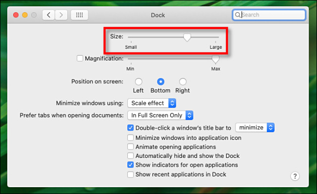 En Preferencias del Dock en Mac, use el control deslizante "Tamaño" para cambiar el tamaño del Dock.