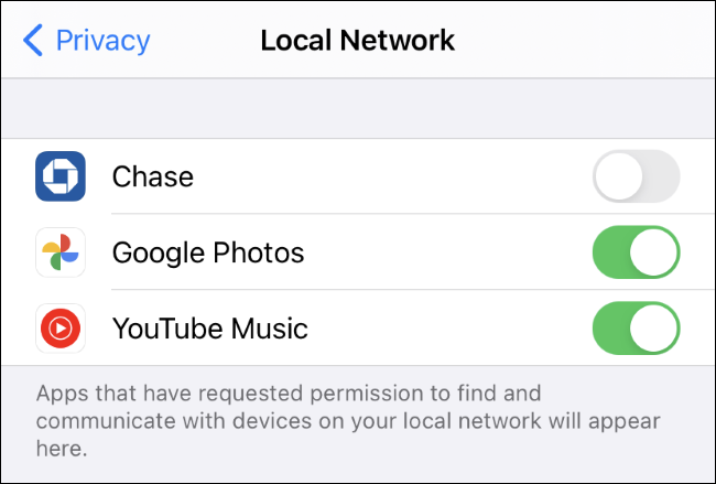 La pantalla Configuración> Privacidad> Red local en un iPhone