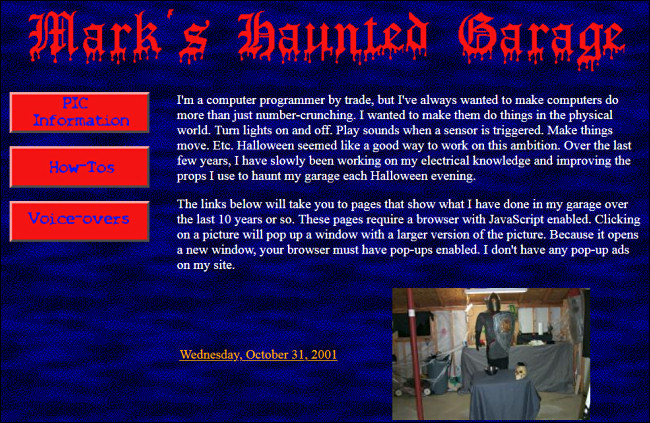 Sitio web de GeoCities "Mark's Haunted Garage" con una imagen de su evento de 2001 ..
