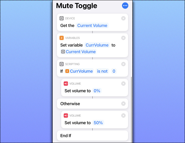 El código de acceso directo "Mute Toggle" en un iPhone.
