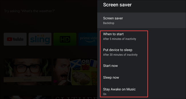 El menú "Protector de pantalla" en Android TV.