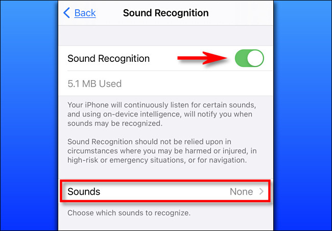 En Configuración en iPhone, active Reconocimiento de sonido.