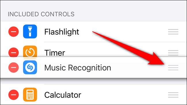 Toque y mantenga presionado el mango para reorganizar la ubicación del botón Shazam en el Centro de control
