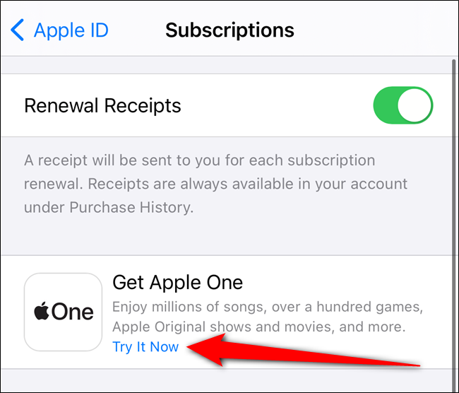 Toca el enlace "Pruébalo ahora" debajo de la lista "Obtén Apple One".