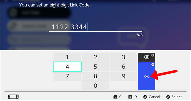 Presione el botón A para seleccionar "Aceptar" y confirme su código de ocho dígitos.