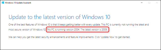 El Asistente de actualización de Windows muestra los números de versión.