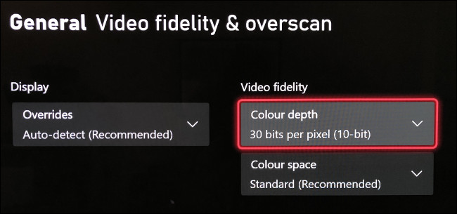 Seleccione "Profundidad de color" en el menú "Video Fidelity & Overscan". 