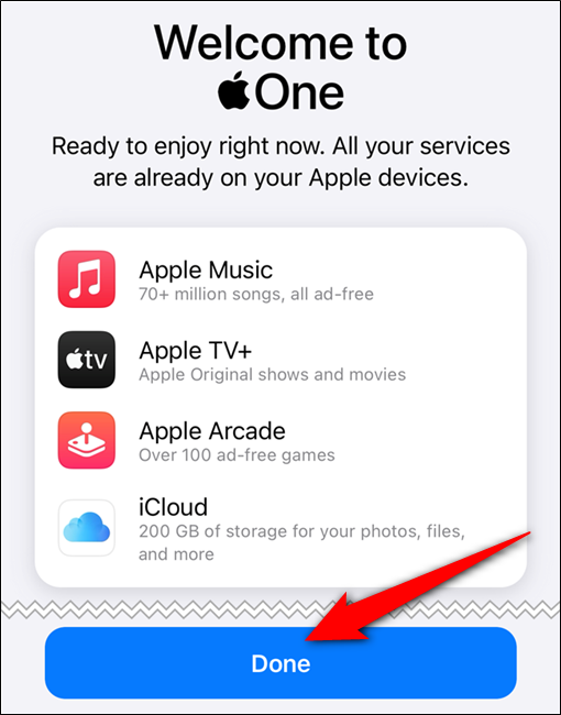 Su suscripción a Apple One está confirmada.  Toca el botón "Listo".