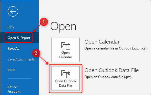 Opción "Abrir archivo de datos de Outlook" de Outlook.
