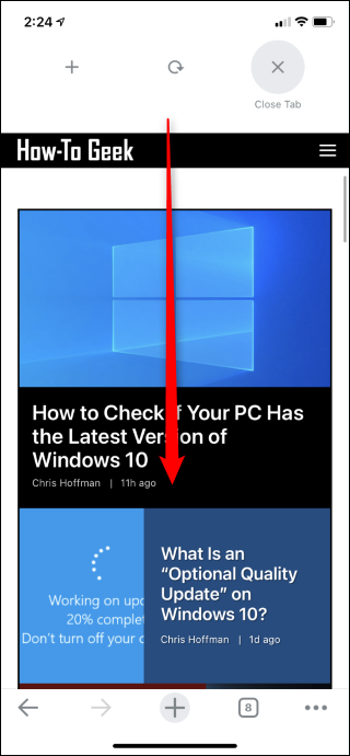 Desliza hacia abajo para acceder a más acciones en Chrome para iPhone