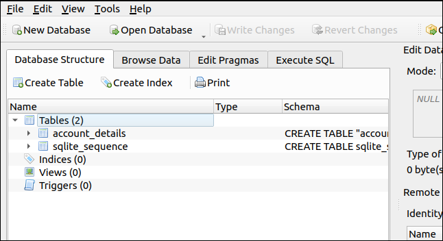 DB Browser para SQLite que muestra la estructura de la base de datos