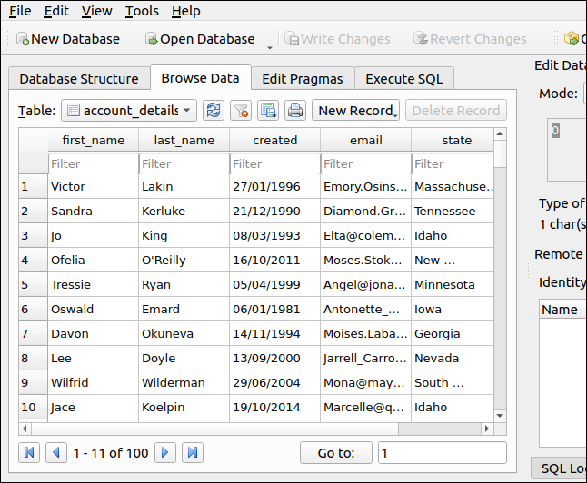 Registros de base de datos en DB Browser para SQLite