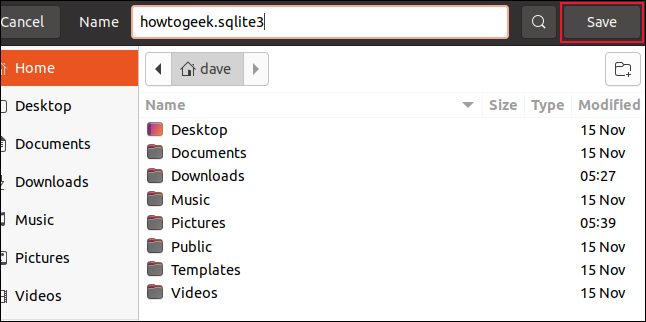 Guardar cuadro de diálogo con el nombre de archivo howtogeek.sqlite3 ingresado