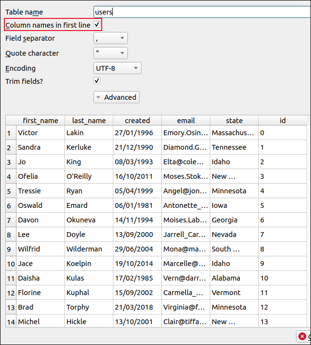 Cuadro de diálogo de vista previa de datos que muestra los datos CSV