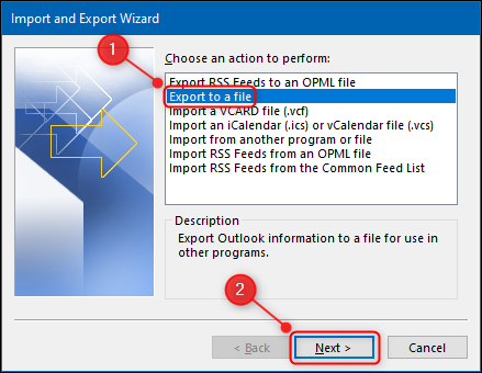 Opción "Exportar a un archivo" de Outlook.