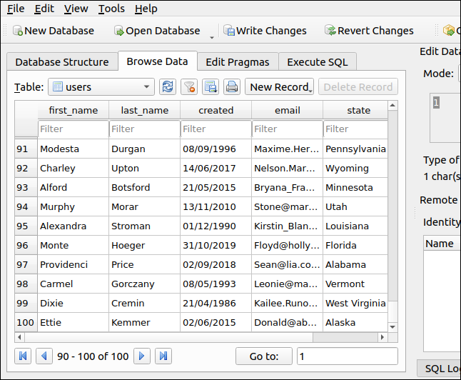 Datos importados en la tabla Usuarios en DB Browser para SQLite