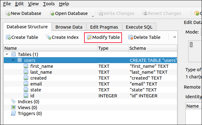 Panel de estructura de base de datos en DB Browser para SQLite