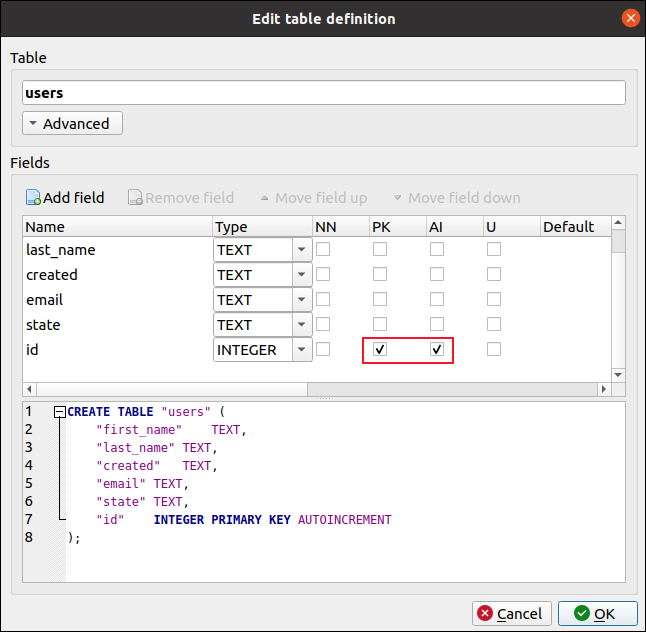 Cuadro de diálogo Editar definición de tabla en DB Browser para SQLite