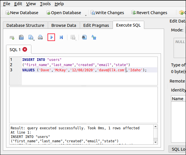 Ejecute el panel SQL en DB Browser para SQLite