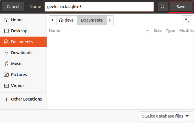 Cuadro de diálogo Guardar archivo con la base de datos denominada geeksrock.sqlite3 ingresada