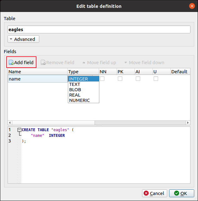 Cuadro de diálogo Editar definición de tabla DB Browser para SQLite