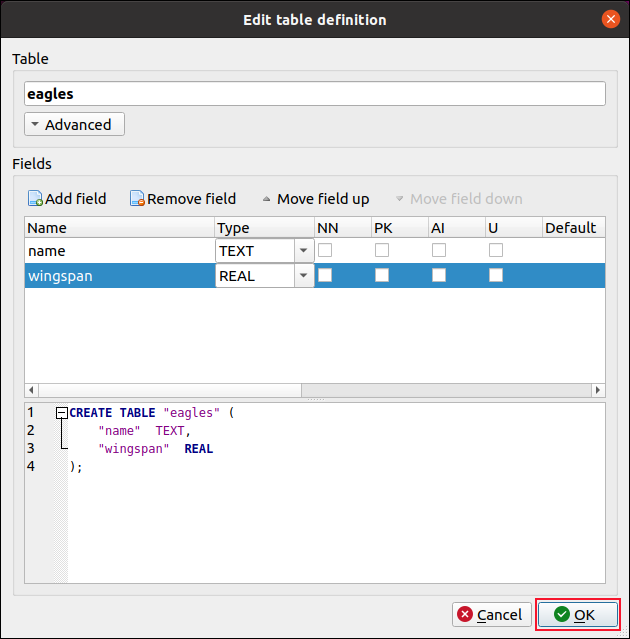 Cuadro de diálogo Editar definición de tabla con dos campos agregados a la nueva tabla DB Browser para SQLite