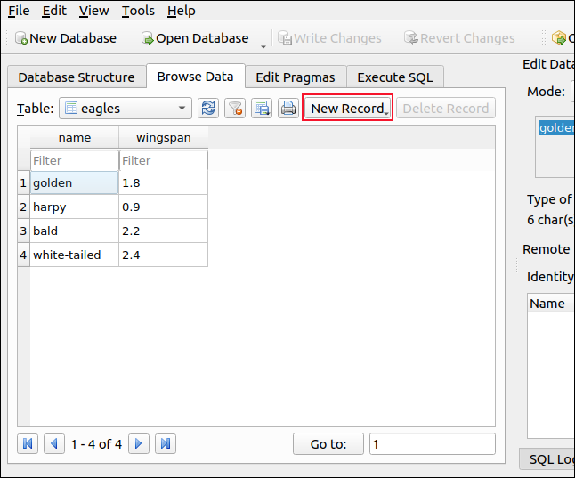 Pestaña Examinar datos con nuevos registros listados DB Browser para SQLite