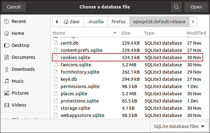 Diálogo de apertura de archivo con el archivo coockies.sqlite resaltado