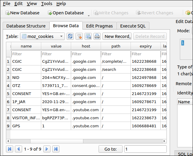 Datos de cookies dentro de la base de datos cookies.sqlite de Firefox DB Browser para SQLite