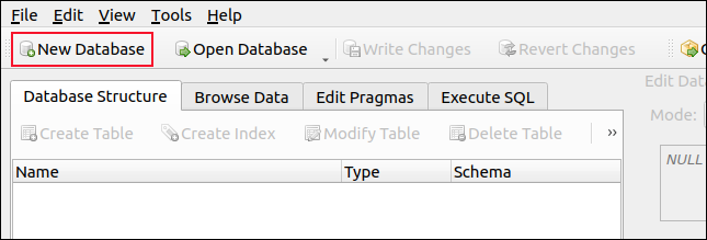 Nueva base de datos en la barra de herramientas DB Browser para SQLite