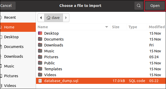 Cuadro de diálogo de la sección de archivo con "database_dump.sql" seleccionado