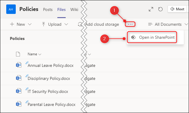 La opción "Abrir en SharePoint".