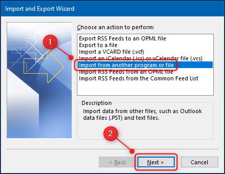 Opción "Importar desde otro programa o archivo" de Outlook.