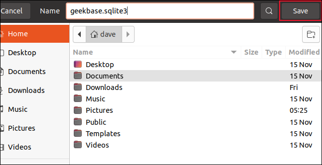 Cuadro de diálogo para guardar archivo con "geekbase.sqlite3" ingresado como nombre de archivo