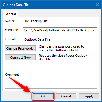 El botón "Aceptar" en el panel Avanzado del archivo de datos de Outlook.