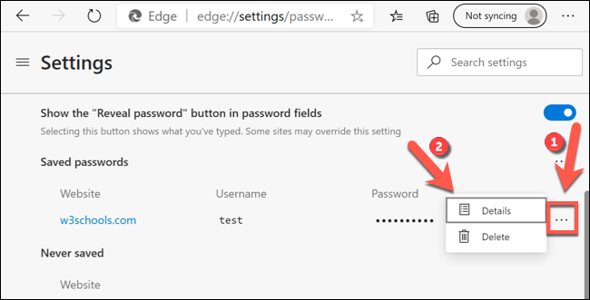 Presione el ícono de menú de tres puntos> Detalles para editar una entrada de contraseña en Microsoft Edge.