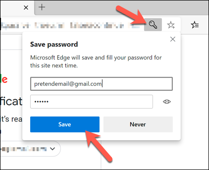 Haga clic en el icono de la llave de seguridad en la barra de direcciones de Edge para guardar las contraseñas en su perfil de usuario de Edge