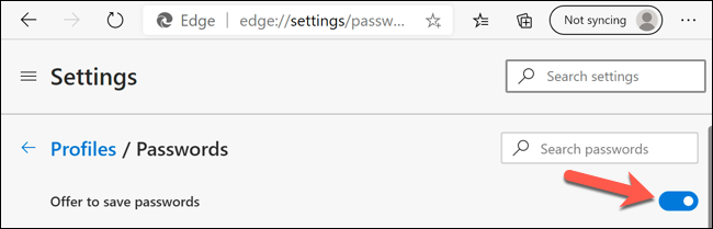 Haga clic en el control deslizante junto a la opción "Oferta para guardar contraseñas" para habilitar o deshabilitar esta función en Edge.