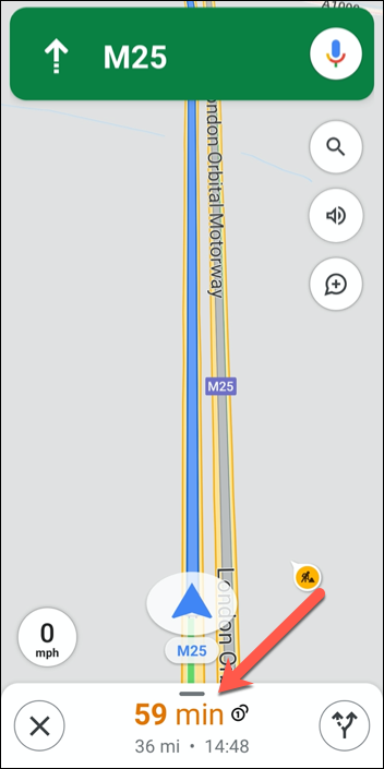 Toque la información de la ruta (que contiene las ETA) en la parte inferior de la interfaz de navegación de Google Maps