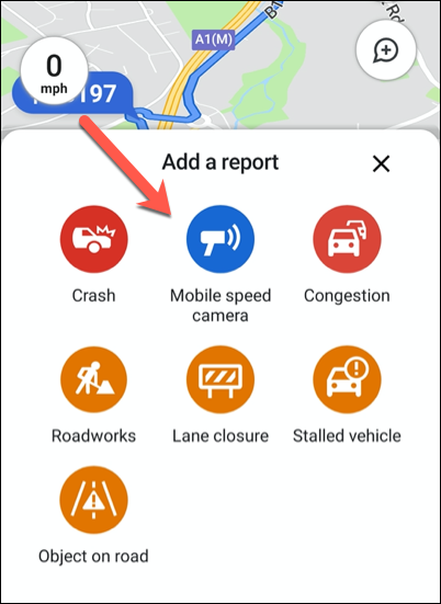 Haga clic en una de las opciones de informes de tráfico disponibles para agregarla a su ubicación en Google Maps.