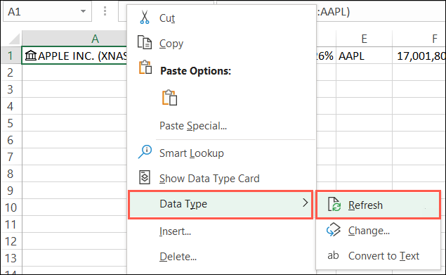 Haga clic en Tipo de datos y luego en Actualizar