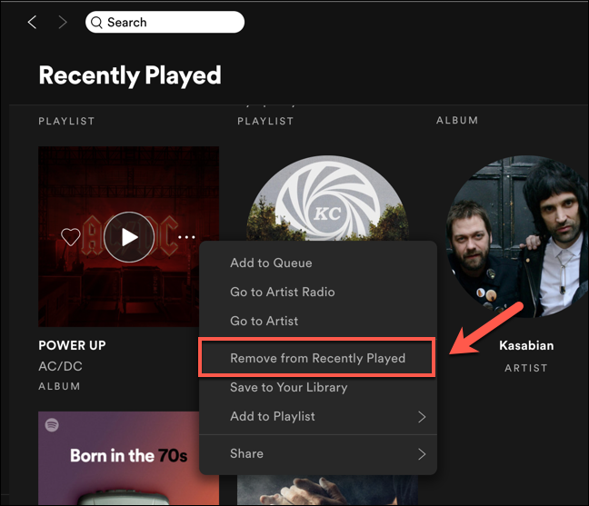 Presiona la opción "Eliminar de reproducidos recientemente" para eliminar la entrada de tu lista de "Reproducidos recientemente" de Spotify.