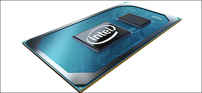 Una representación por computadora de los procesadores Tiger Lake de Intel con color azul hielo y plata.