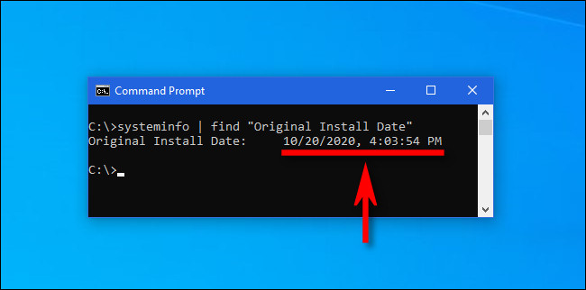 Escriba el comando "systeminfo" en un símbolo del sistema de Windows para obtener la última fecha de instalación de la actualización principal.